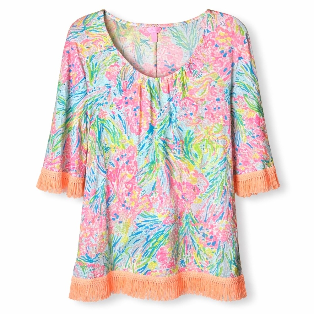 Lilly Pulitzer Womens XS Linen Floral Fringe 3/4‎ Sleeve Scoop Neck Top Multi